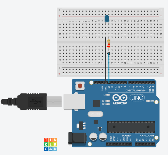 Diagrama de conexión para la práctica de Blink con un LED y una resistencia